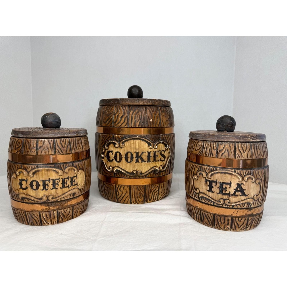 Set of 3 Vintage MCM Treasure Craft Ceramic‎ Canister Barrel Cookies Coffee Tea